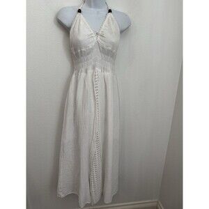 Womens White Beach Crochet Backless Boho Halter Maxi Long Dress S/M Crochet